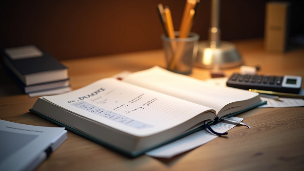 Notebook mit handschriftlichen Notizen, Taschenrechner und Finanzunterlagen auf Schreibtisch