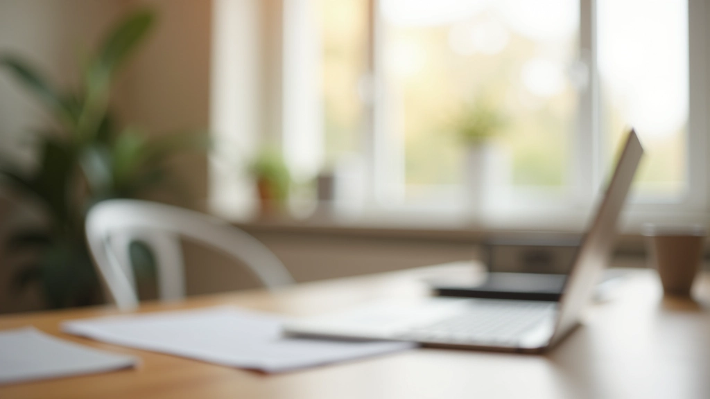 Modernes Büro mit Laptop und Notizbuch, helles Tageslicht, inspirierender Arbeitsplatz