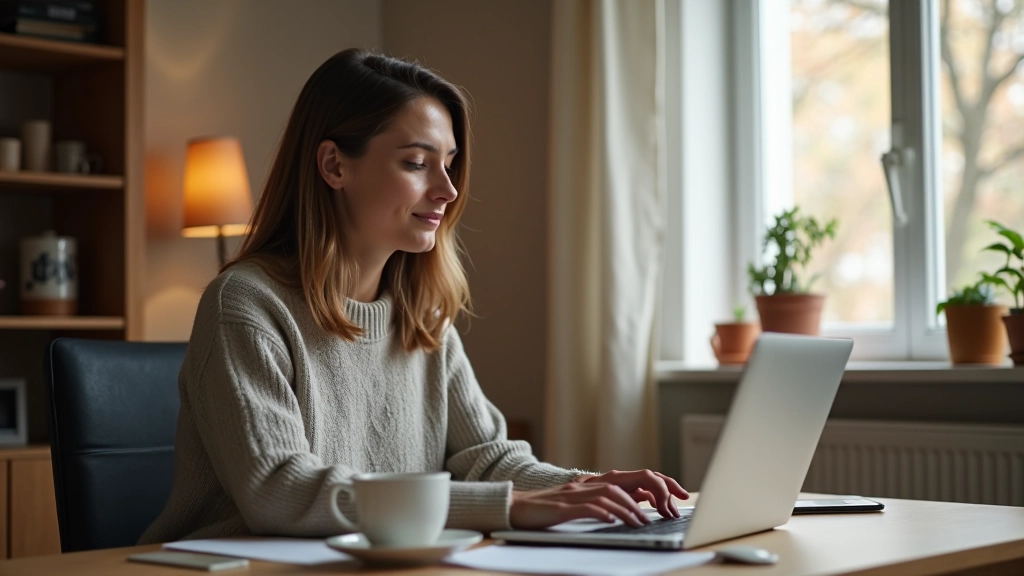 Frau arbeitet an ihrem Laptop in gemütlicher Wohnumgebung mit Kaffee neben sich